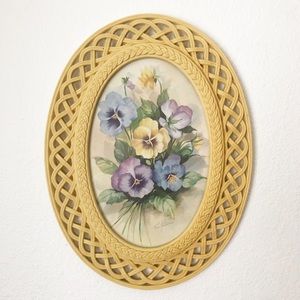 Vintage Boho Homco Fran Anderson Floral Watercolor in Faux Wicker Frame